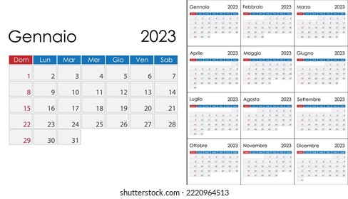 Calendar 2023 on italian language, week start on Sunday. Vector template