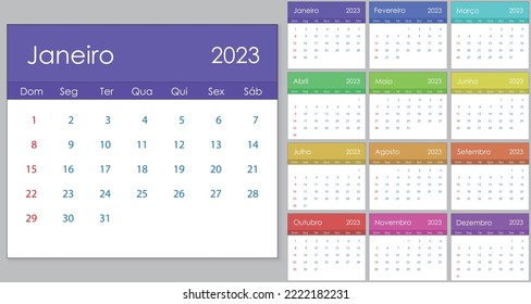 Calendar 2023 on Portuguese language, week start on Sunday. Vector template