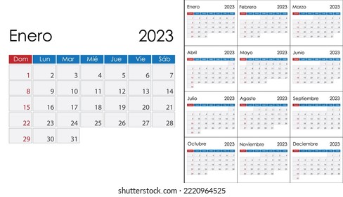 Calendar 2023 on Spanish language, week start on Sunday. Vector template