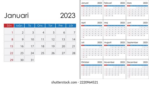 Kalender 2023 auf Schwedische Sprache, Woche beginnt am Sonntag. Vektorgrafik-Vorlage