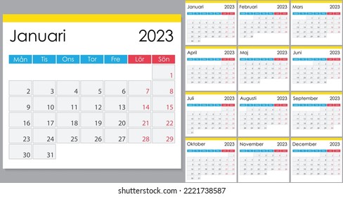 Calendar 2023 on Swedish language, week start on Monday. Vector template