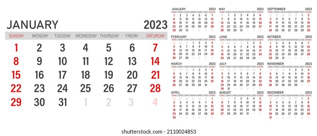 Calendario para 2023 sobre un fondo blanco. Calendario mensual para 2023. La semana empieza el domingo.