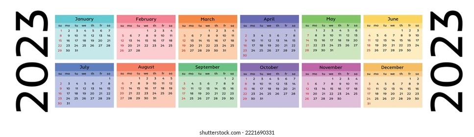 calendar for 2023 on a white background with colored tabs for months