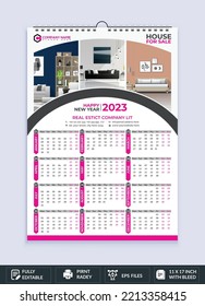 Calendar 2023, One Page Wall Calendar Design, Single Page Calendar, 12 months Calendar, MAGENTA COLOR, print ready, A3 Size, US Design, English.
