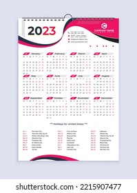 Calendar 2023, One Page Wall  Calendar Design, Single Page Calendar, 12 months Calendar Design, Print Ready, A3 Size