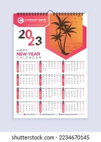 Calendario 2023, Diseño de un calendario de una página, Calendario de una sola página, Diseño del calendario de 12 meses, Preparado para impresión, Tamaño A3
