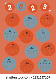 Calendar 2023 with orange background. This 12 months calendar in 2023. Vector illustration.