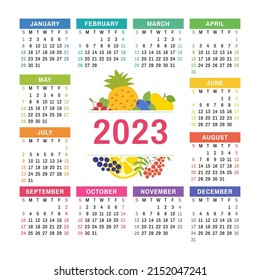 Calendar 2023. Organic healthy food. Color fruits and berries sketch menu. Fresh rowan, apple, lemon, pineapple, currant, blueberry and chokeberry. Colorful design template