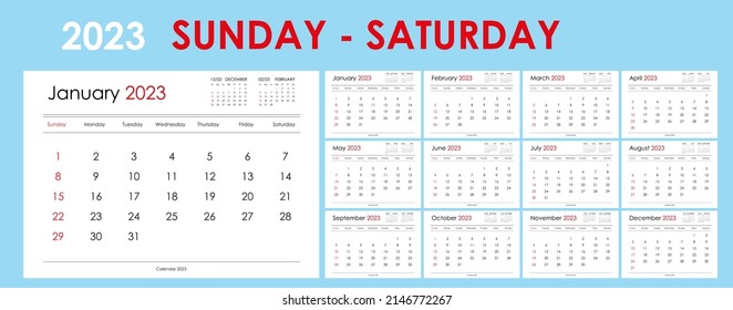 Calendar for 2023. An organizer and planner for every day. Week starts from Sunday. 12 months set. Wall layout. Clear template.