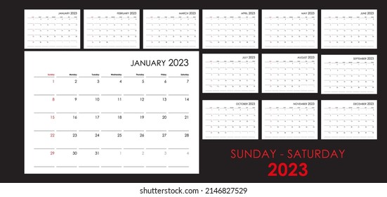 Calendar for 2023. An organizer and planner for every day. Week starts from Sunday. 12 months set. Wall layout. Clear template. svg