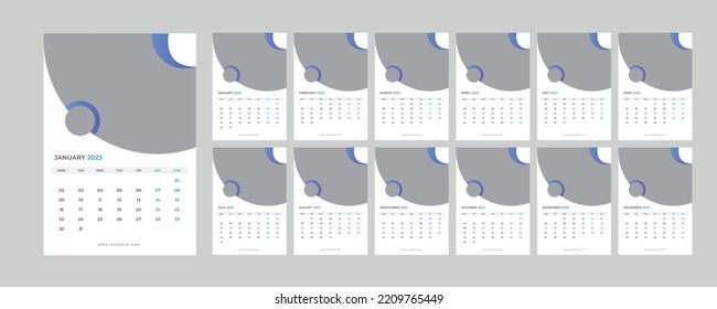 Calendar 2023 planner corporate template design set. Week starts on Monday. template for annual calendar 2023
