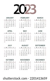 Kalender 2023 Planervorlage, der Beginn der Woche am Sonntag. Vektorgrafik auf Weiß 