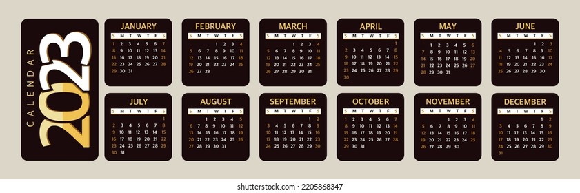 Calendar 2023 Planner template, the beginning of the week on Sunday. Vector illustration on a black 
