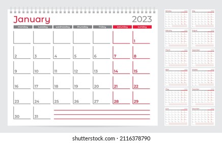 Calendar 2023 planner template. Week starts on Monday. Set of 12 months. Vector illustration