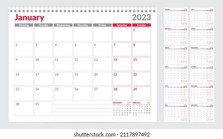 Calendar 2023 planner template. Week Starts on Monday. Set of 12 Months. Vector Illustration