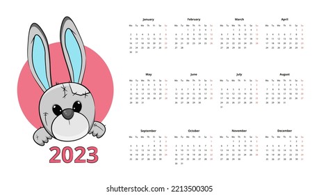 Calendar 2023 with a plush bunny in a pink circle. Sector calendar template