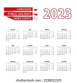 Calendar 2023 in Polish language with public holidays the country of Poland in year 2023. Week starts from Monday. Vector Illustration.