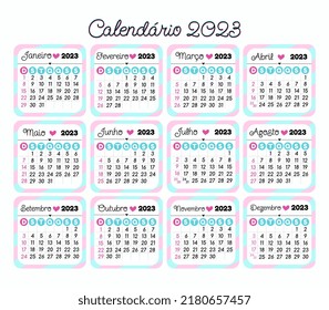 Calendar 2023 in Portuguese. Cute calendar.
