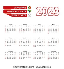 Calendario 2023 en portugués con feriados públicos en Brasil en el año 2023. La semana comienza el domingo. Ilustración vectorial.