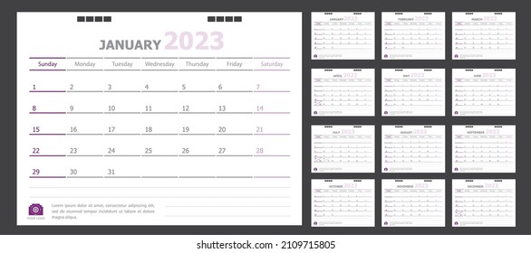 Calendario para el fondo púrpura 2023