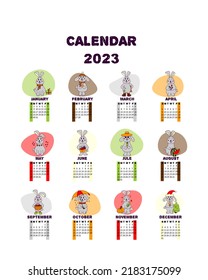 Calendar 2023 rabbit on white background. New year illustration. Vector illustration design. Banner, poster, greeting card. Design template. Vector graphic illustration. White design.