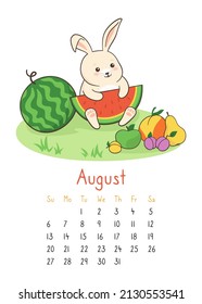 Calendar 2023 with rabbit, calendar page august planner organizer. Bunny with watermelon, fruit summer poster. Character hare mascot symbol year. Cartoon outline design template, month poster vector