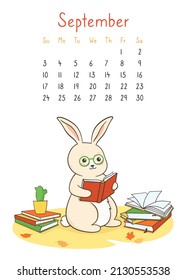 Calendar 2023 with rabbit, page september planner organizer. Bunny childish learn, educational concept hello school. Hare reader books literature fan, mascot symbol year. Flat cartoon template month