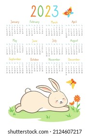 Calendar 2023 with rabbit, planner 12 month organizer. Bunny lies asleep, butterflies cartoon poster. Childish character mascot symbol new year. Fluffy hare pet flat holiday template redy print vector