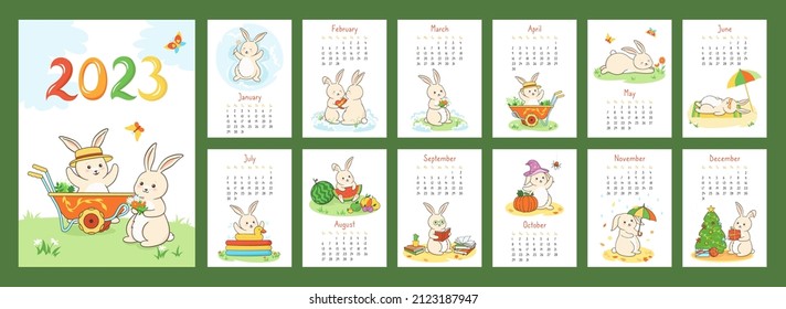 Calendar 2023 with rabbit, planner organizer. Covers and 12 month pages bunny character mascot symbol year. Flat cartoon template, cute hare lies beach, gives gift, read book, halloween Easter, vector