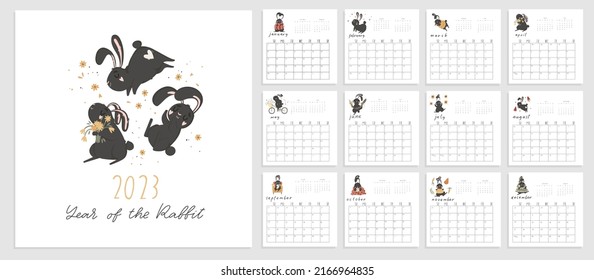 Calendar 2023 with rabbit, planner organizer. Covers and 12 month pages bunny character mascot symbol year. Flat cartoon vector. Cute and cozy scenes: hare read book, Halloween, New Year, Christmas