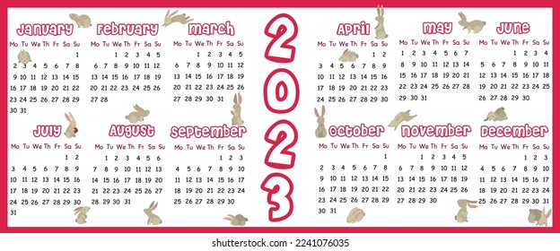 Calendar for 2023 with rabbits of the color of 2023. Calendar template for printing in pink for 2023. Printing on textiles and paper.