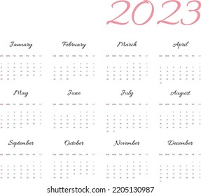 Calendar for 2023 red background. Corporate design planner template.