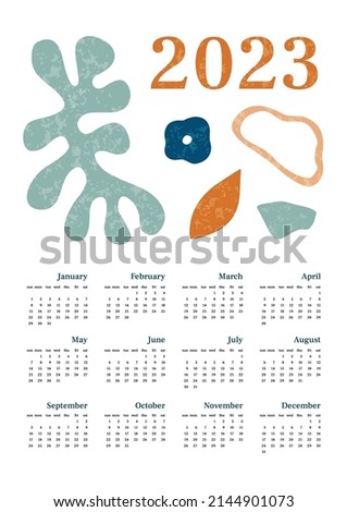 Calendar 2023 retro abstract with texture. Vertical one sheet with all monthes. Week start on Sunday. A4 A3 A2 A5. Vector illustration in trendy style in pastel colors. Minimalistic design