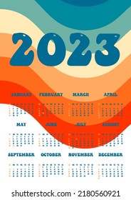 Calendar 2023 Retro Groovy Wallpaper. Vertical One Sheet With All Monthes. Week Start On Sunday. A4 A3 A2 A5. Minimalistic Design.