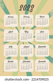 Calendar 2023 retro groovy wallpaper. Vertical single sheet with all months. The week starts on Sunday. A4