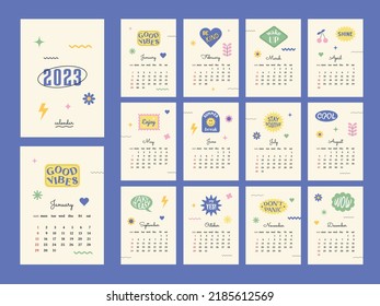 Calendar 2023 With Retro Shapes And Positive Stickers. Week Start On Sunday. Set Of 12 Months, Cover And One Sheet Of The Year. Template For A4 A3 A5 Size. Vector Illustration In 1990s Style 