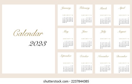 Calendar 2023. Set of 12 pages. Minimalist style. Golden inscriptions. Vector illustration