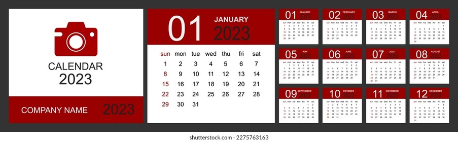 Calendar 2023. Set Desk Calendar template design with Place for Photo and Company Logo. Week Starts on Sunday. Isolated vector illustration