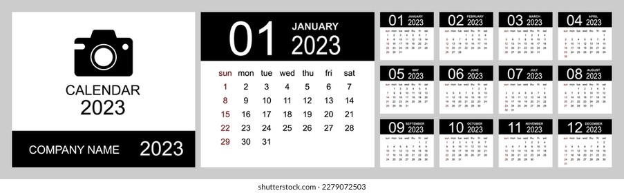 Calendar 2023. Set Desk Calendar template design with Place for Photo and Company Logo. Week Starts on Sunday. Isolated vector illustration