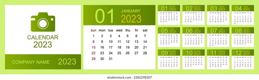 Calendar 2023. Set Desk Calendar template design with Place for Photo and Company Logo. Week Starts on Sunday. Isolated vector illustration