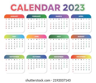 Calendar 2023 set year. Vector template collection. Simple design. Sunday starts on Sunday. January, February, March, April, May, June, July, August, September, October, November, December