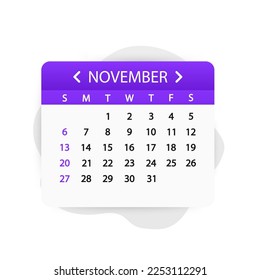 Calendar 2023. Calendar sheet for November. Calendar Leaf in flat style. Agenda concept with calendar. The week starts on Monday. Vector illustration