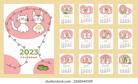 Calendar 2023. Calendar sheets with all months including cover in English. Cartoon vector illustration.