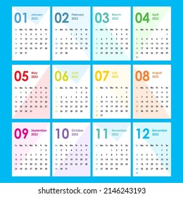 Calendario para 2023. El aspecto es sencillo y limpio. Fondo de figuras geométricas. Tarjetas de bolsillo. Muro, calendario de oficinas. La semana comienza el domingo.