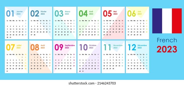 Calendar for 2023. Simple and clean appearance. Geometric figures,background. Pocket cards. Wall, office calendar. Week starts monday. French language.