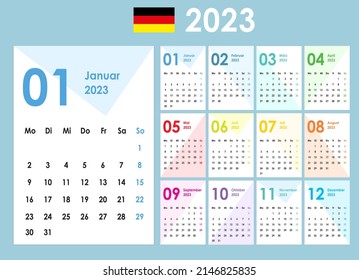 Calendar for 2023. Simple and clean appearance. Geometric figures, background. Pocket cards. Wall, office calendar. Week starts monday. German language.