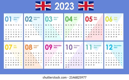 Calendar for 2023. Simple and clean appearance. Geometric figures as a background. Pocket cards. Wall, office calendar. Week starts monday.