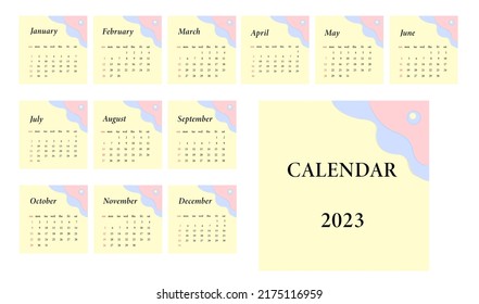 Calendar for 2023. Simple design. Spots. Paper cut style. Three colours. Bright hues. Cream. Blue and pink. Template