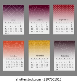 Calendar 2023 simple seasonal patterns 6 months july, august, september, october, november, december. Stylish, original design