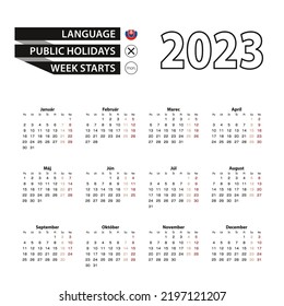 Calendar 2023 in Slovak language, week starts on Monday. Vector calendar 2023 year.